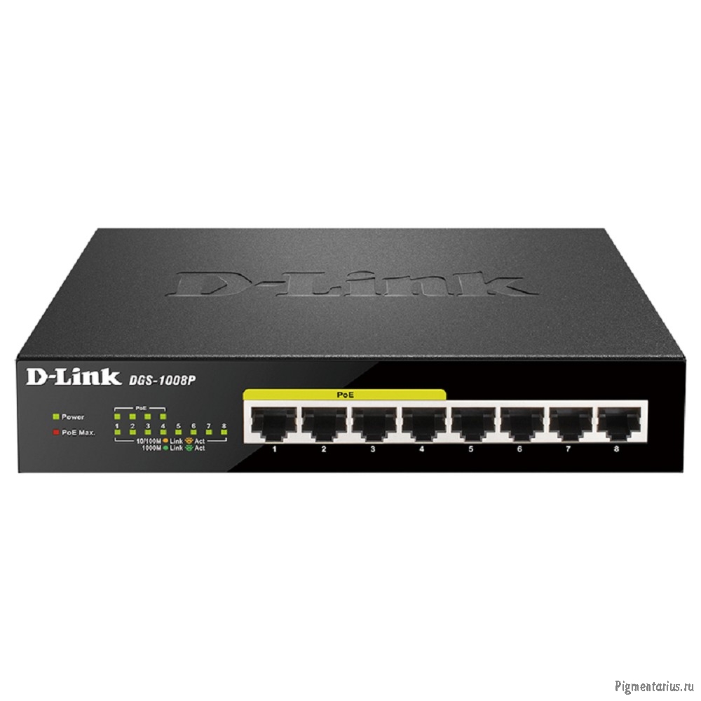 D-Link DGS-1008P/E1A Неуправляемый коммутатор с 8 портами 10/100/1000Base-T (4 порта PoE 802.3af/at,