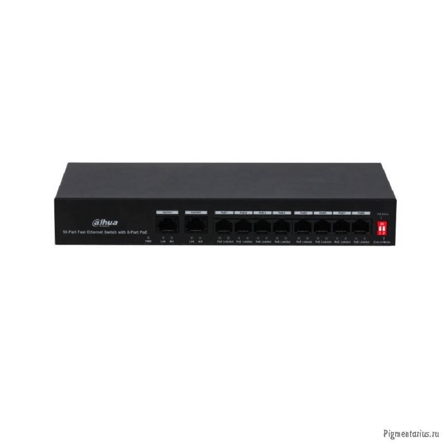 DAHUA DH-PFS3010-8ET-65 10-портовый неуправляемый коммутатор с РоЕ, 8xRJ45 100Mb PoE, 2xRJ45 100Mb u