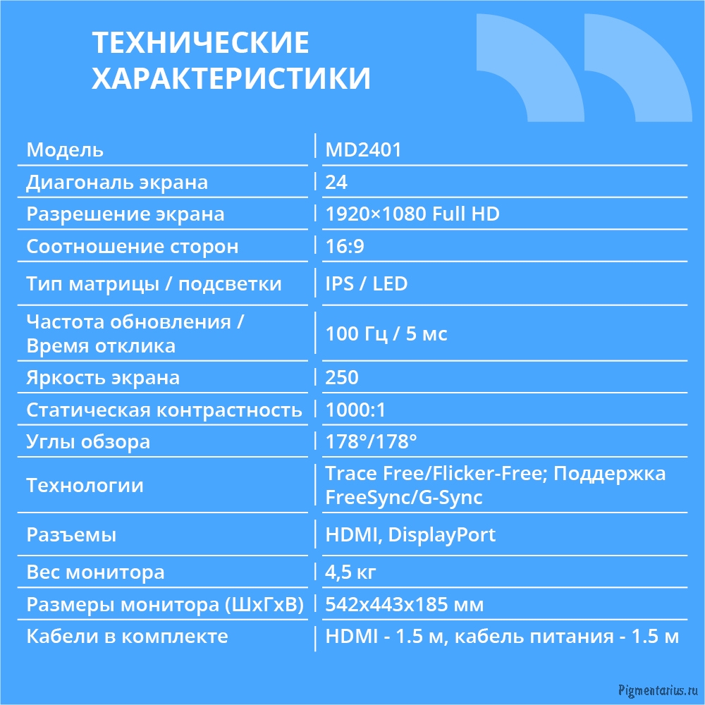 CBR LCD Монитор 23.8" MD-2401 безрамочный, IPS, FHD 1920x1080, 100Гц, Динамики 2*3W, HAS, Pivot, 1*D