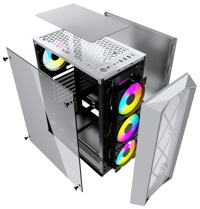 Powercase CMRMW-L4 Корпус Rhombus X4 White, Tempered Glass, Mesh, 4x 120mm 5-color LED fan, белый, A