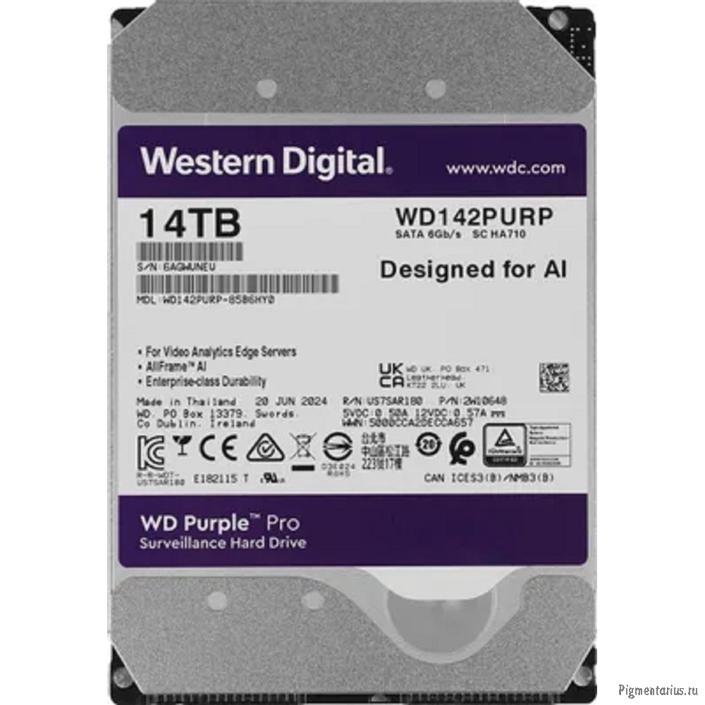 14TB WD Purple Pro (WD142PURP) {Serial ATA III, 7200- rpm, 512Mb, 3.5", All Frame AI}