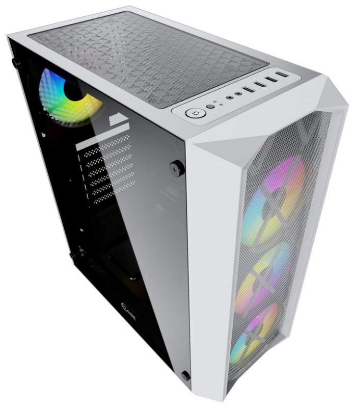 Powercase CMRMW-L4 Корпус Rhombus X4 White, Tempered Glass, Mesh, 4x 120mm 5-color LED fan, белый, A