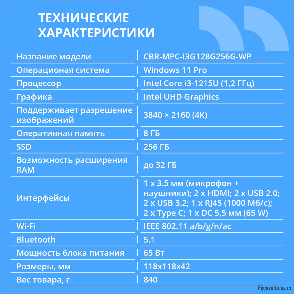 CBR MiniPC-DT001 (Intel i3-1215U /8Gb  DDR4/256Gb SSD PCIe / W11Pro / 2 х USB 2.0, 2 х HDMI, 2 х USB