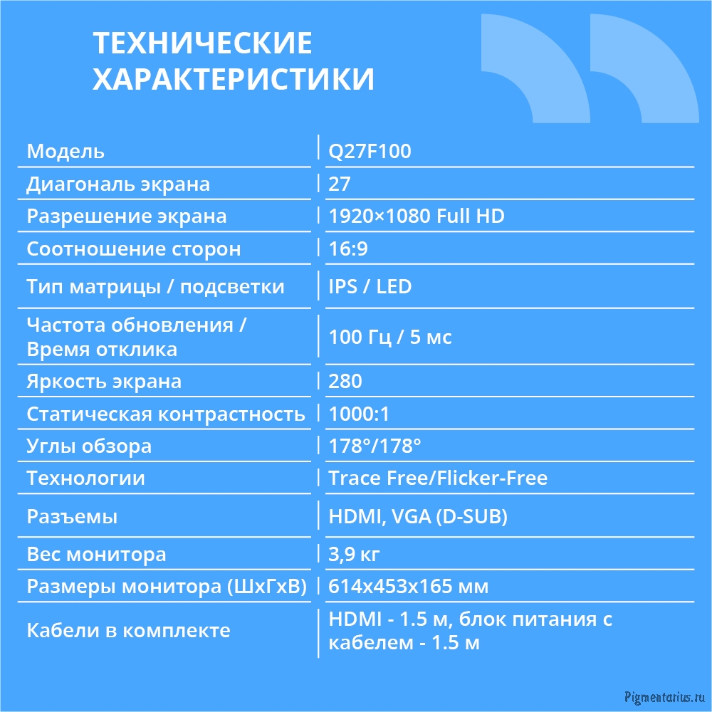 CBR LCD Монитор 27" Q27F100, IPS, FHD 1920x1080, 100Гц, 1*HDMI, 1*VGA, внешний БП, черный, кабель 1*