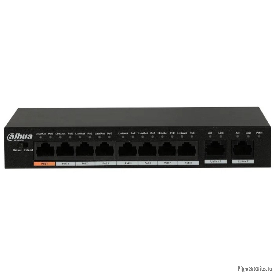 DAHUA DH-PFS3010-8ET-96 10-портовый неуправляемый коммутатор с РоЕ, 8xRJ45 100Mb PoE, 2xRJ45 1Gb upl